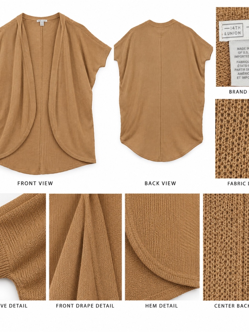 14th & Union Women's Open-Front Short Sleeve Cardigan - Camel/Tan
